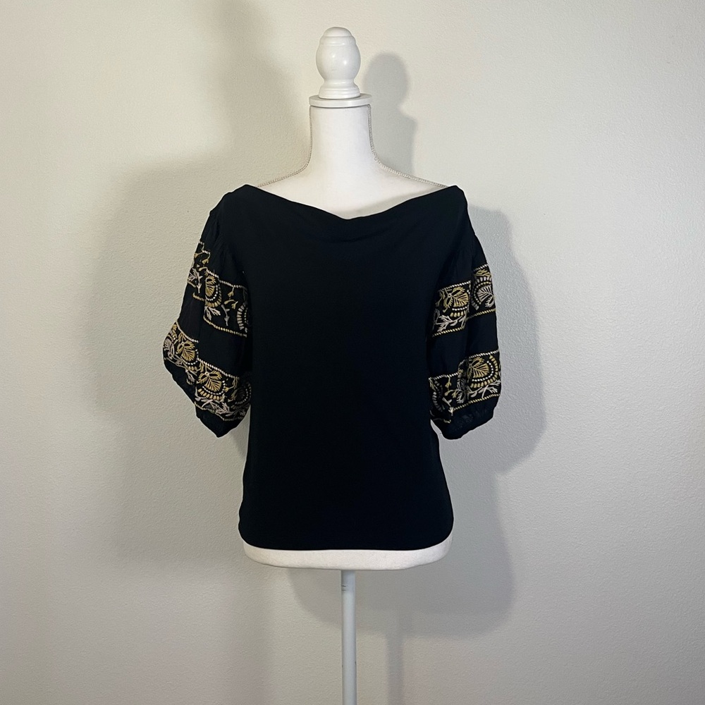 Free People Black Embroidered Puffy Off the Shoulder Top Size Medium